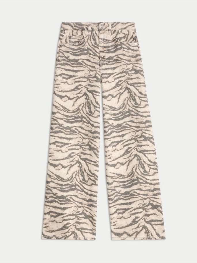 Cream And Gray Zebra-Print Wide Leg Jeans